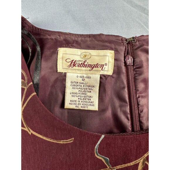 Worthington Vintage Floral Print Shift Dress Burgundy Size 12 Short Sleeve - Picture 5 of 6